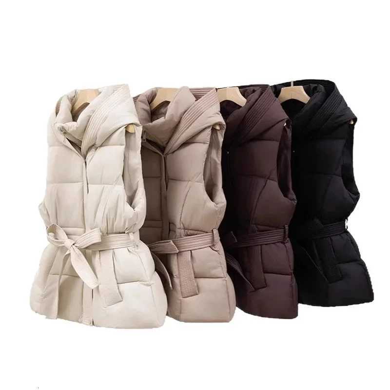 Thicken Warm Winter Hooded Vest Womens Quilted Puffer Vest Solid Color Sleeveless Padded Outwear Cropped Button Zip Up CoatT251128