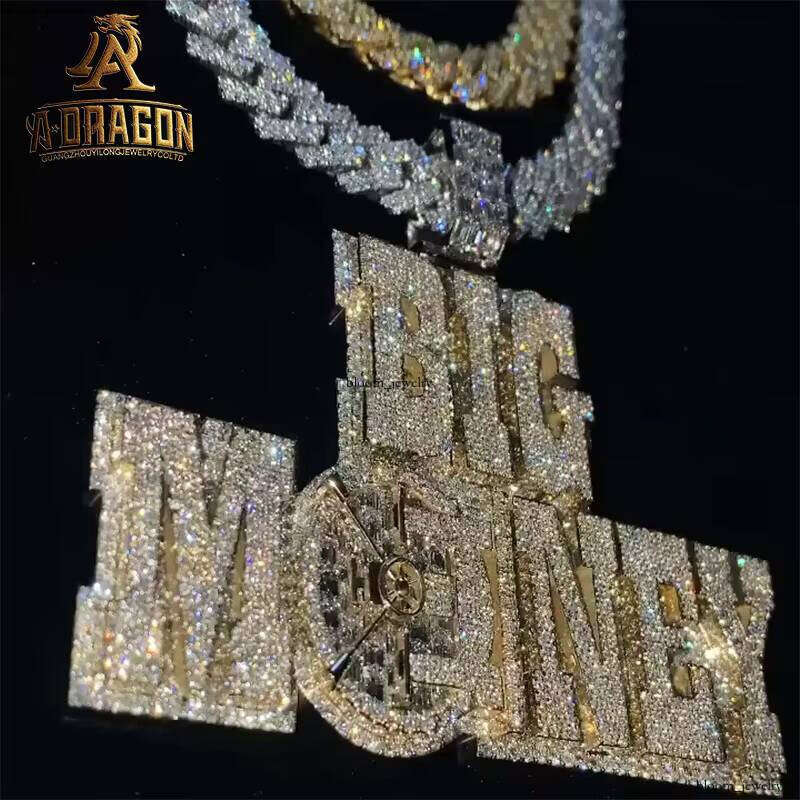 Iced VVS Moissanite Long Stick Coin Design Hip Hop Pendant Men's Cuban Chain