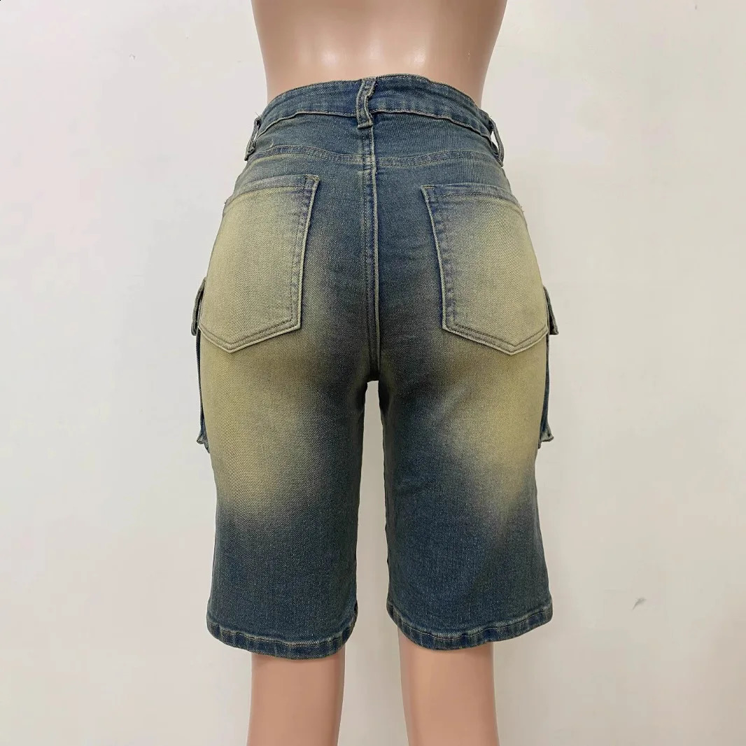 Denim pants womens shorts ultra-thin mom jeans high waist straight Trousers Y2k streetwear patchwork pockets casual punk 250427