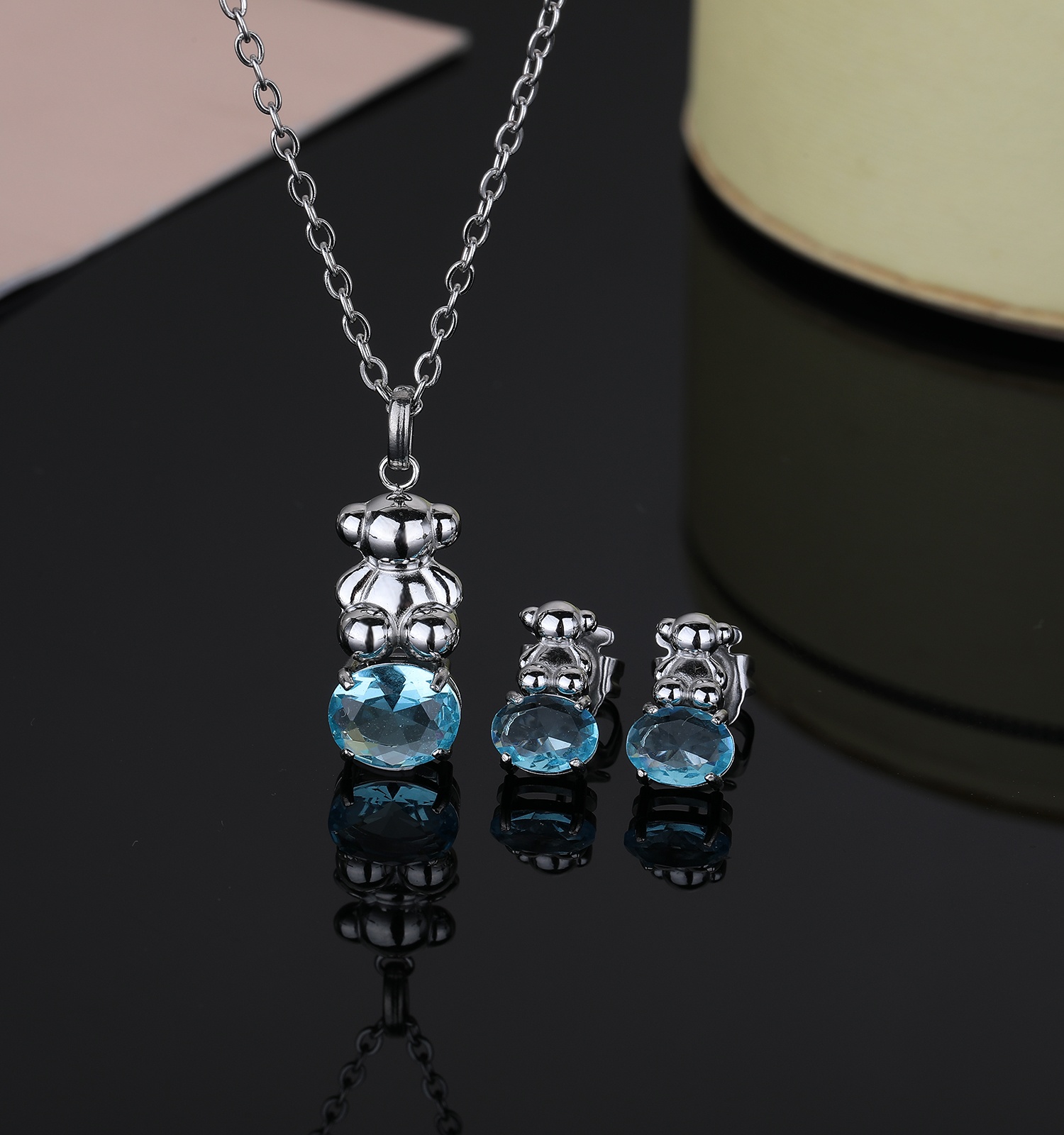 New Fashion Women Girls Silver Rose Gold Stainless Steel Span Bear Blue Stone Heart Flower Star Pendant Earrings Jewelry