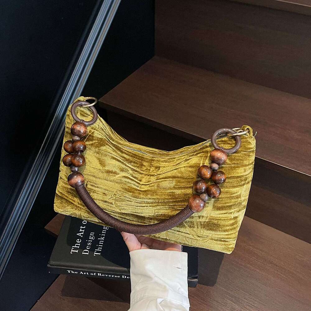 Vintage New Chinese Underarm Women's Trendy Simple Beaded Southern Style Classical Single Shoulder Velvet Bag Light Luxury - view 3