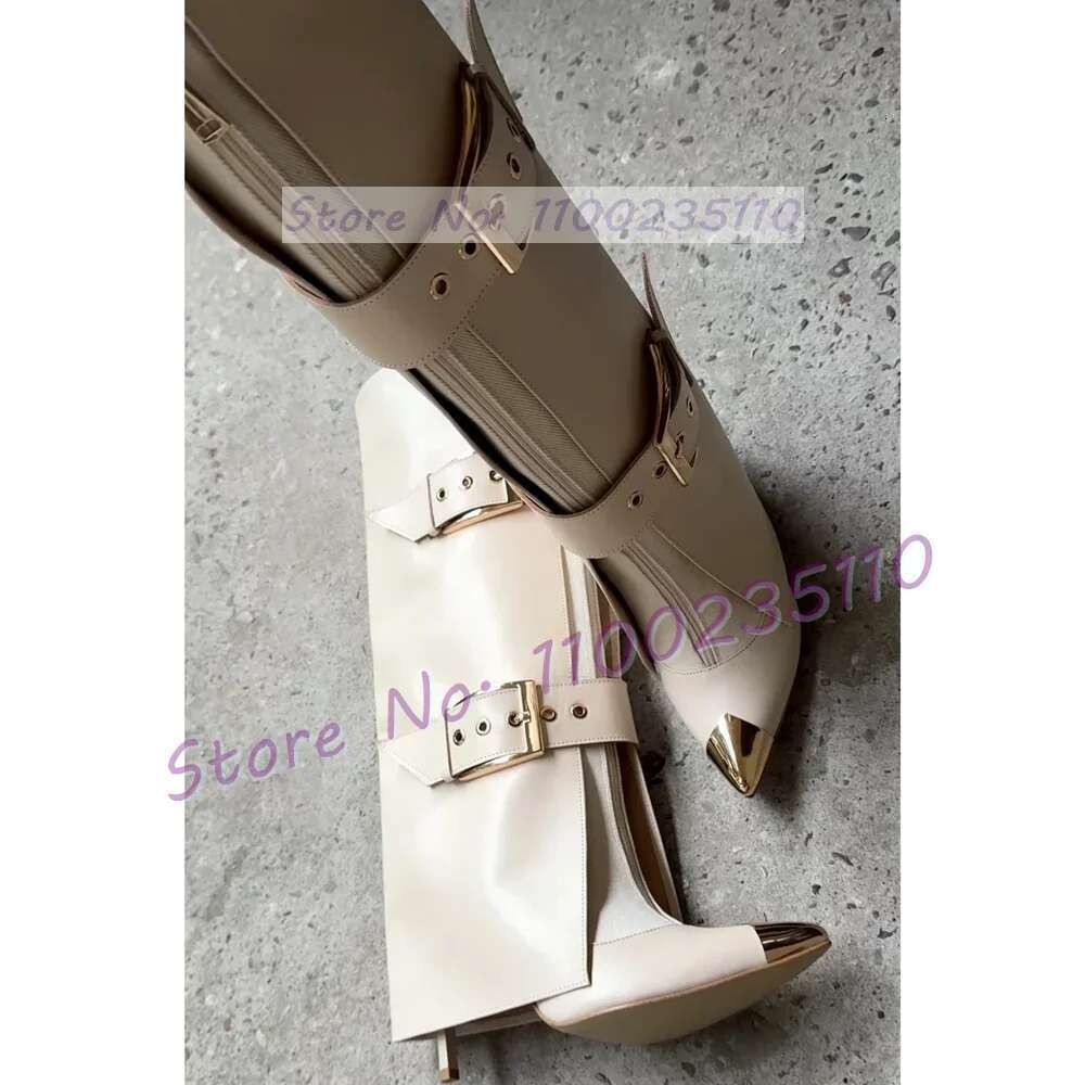 Belt Buckle Strap Fold Over Women Fashion Gold Pointed Toe Thin High Heel Dress Shoes Ladies Stylish Cool Front-zip Boots