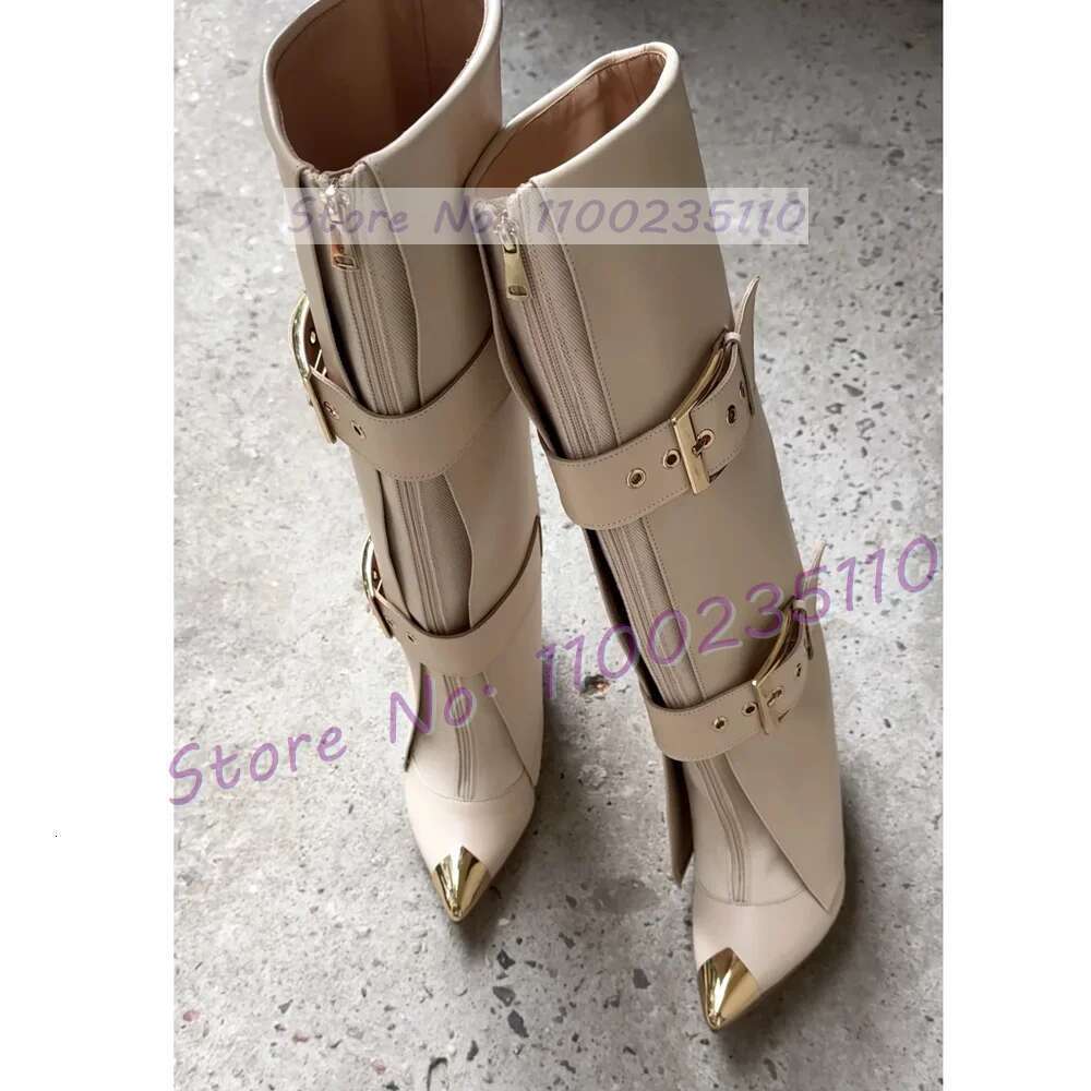 Belt Buckle Strap Fold Over Women Fashion Gold Pointed Toe Thin High Heel Dress Shoes Ladies Stylish Cool Front-zip Boots