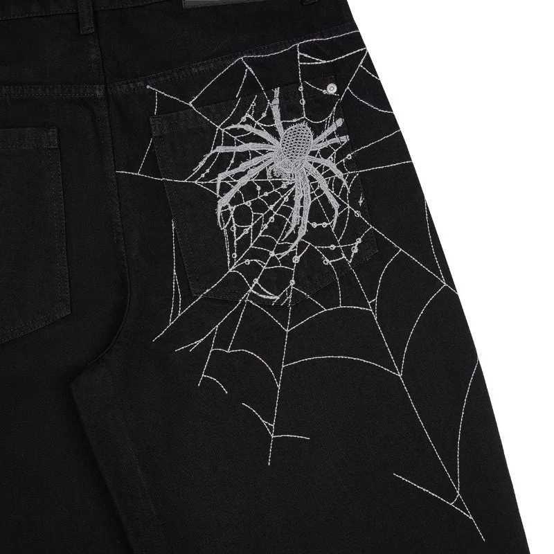 Y2K man jeans vintage Spider web embroidery vintage pattern wide leg pants American style street wear Rock Hip Hop Denim jeans L251127
