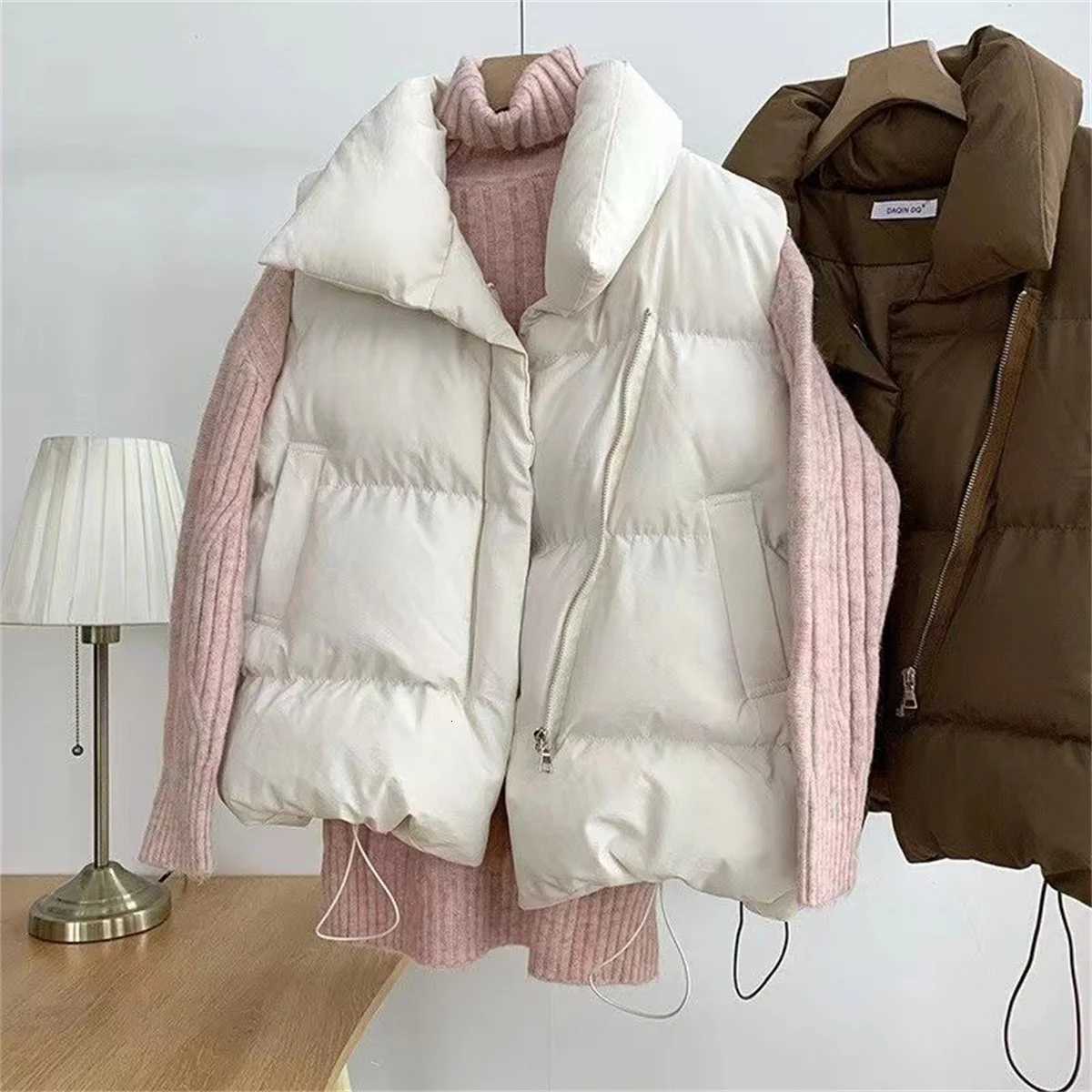 Women Fashion Autumn New 2024 Stand Collar Elegant Down Coats Warm Outerwear Casual Belt Sleeveless Winter Women Vests JacketsT251128