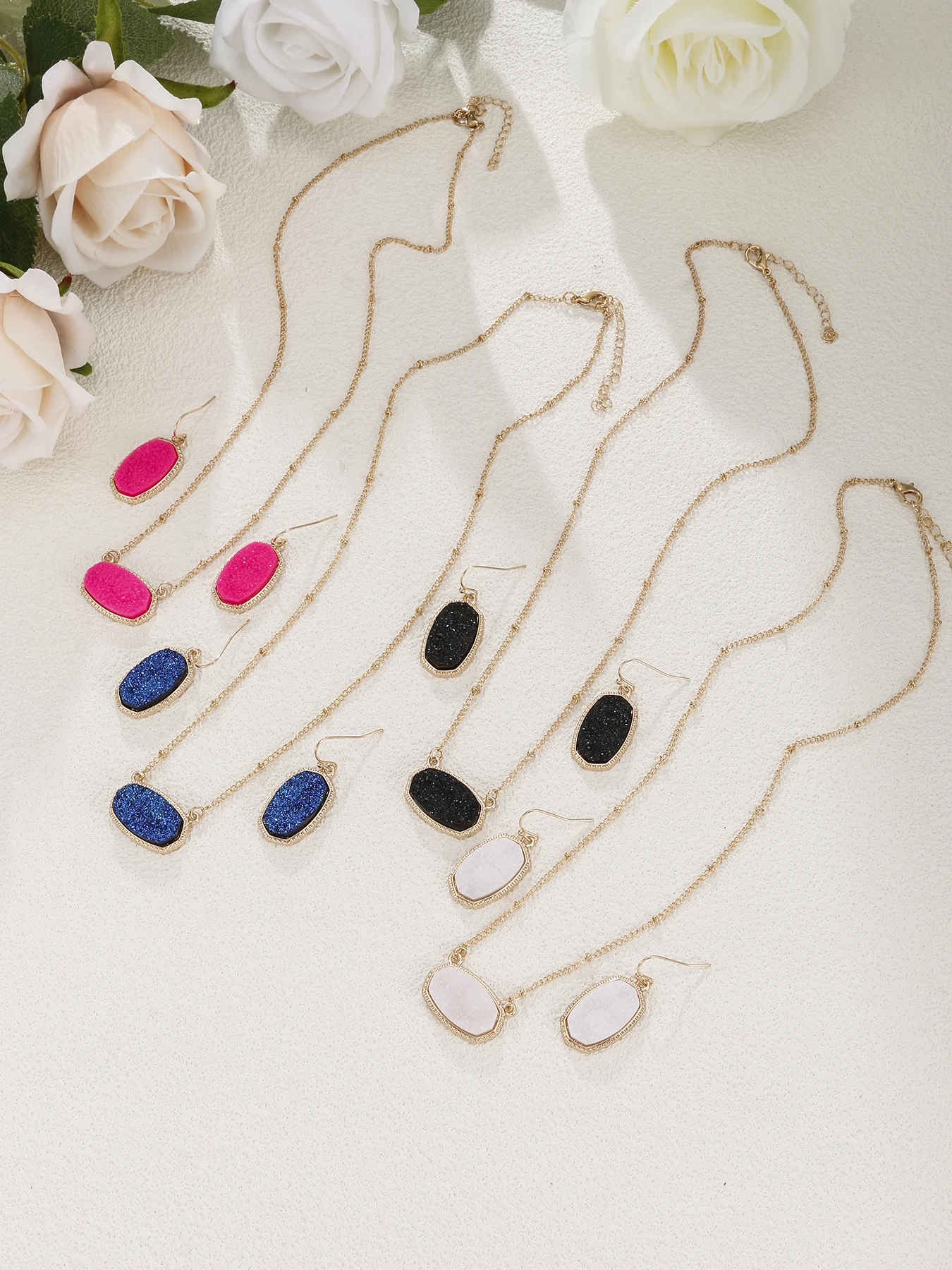 Women's Oval Crystal Pendant Necklace Earrings Set Best Gift for Mom