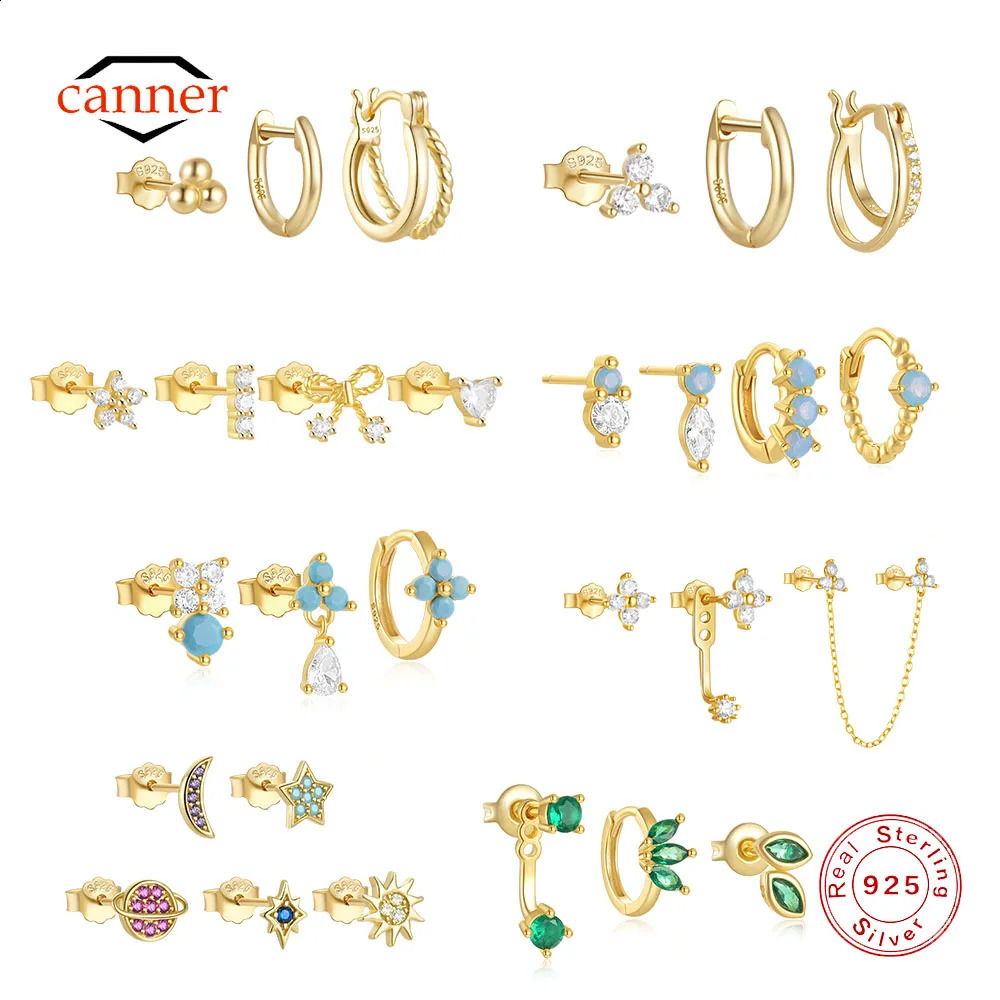 CANNER Set Double Layer Smooth Classic Hoop Earrings For Women 925 Sterling Silver Ins Flower Color Zircon Earrings Fine Jewelry 250427