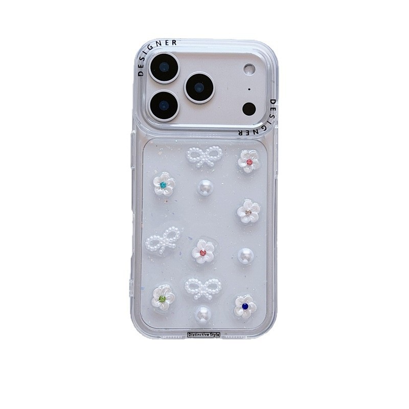 Epoxy Bowknot Pearl Small Flower Phone Case iPhone 17 Pro Max Compatible with Apple 16 /15 Pro Transparent Protective Case