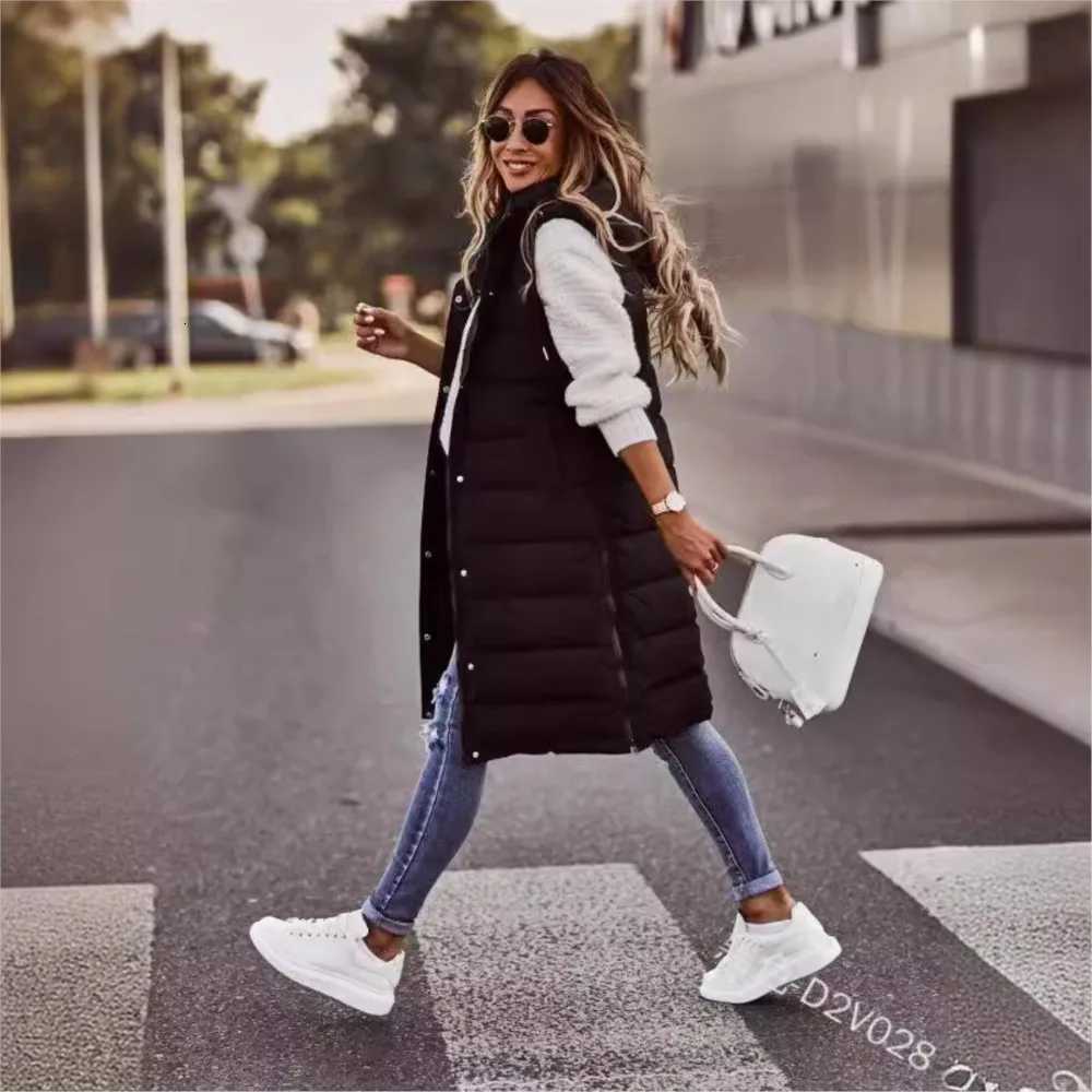 Casual Vest Hooded Single Breasted Mid-length Cotton Padded Jacket Winter Fashion Button Zipper Fitted Cardigan Female Vest CoatT251128