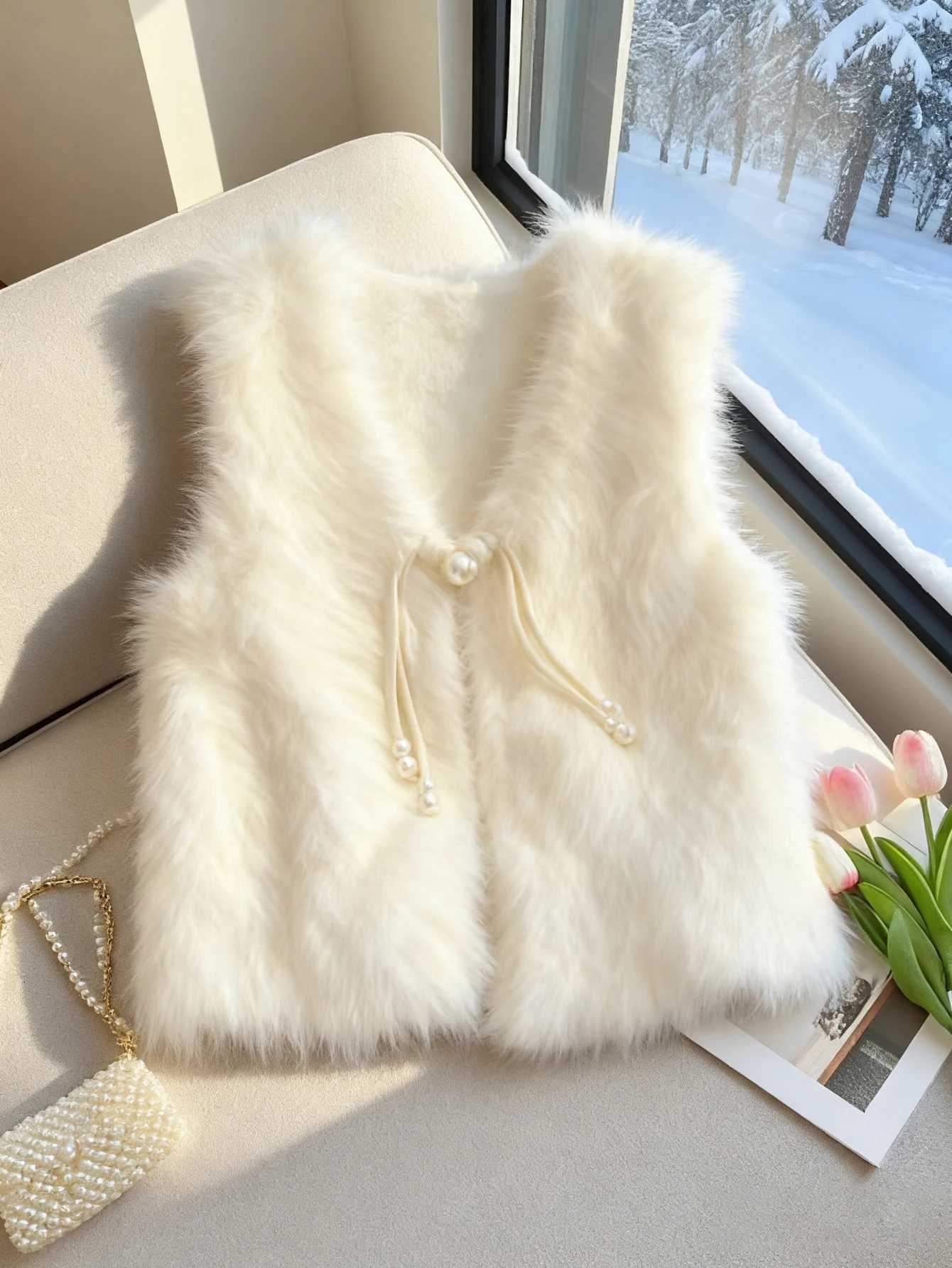 Knitted Vest Furry Style Soft and Comfortable Lace-Up Versatile Easy to Wear Cardigan Elegant and FashionableT251128