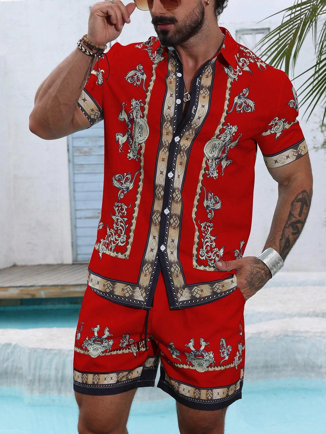 Striped shirt set mens short sleeved summer short sleeved beach shirt mens suit casual y2k short sleeved casual 250422