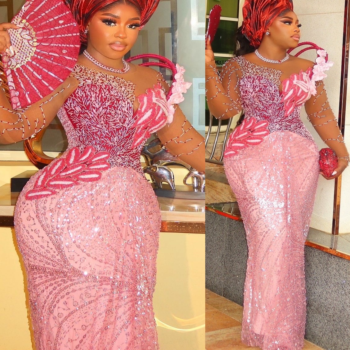 Aso Ebi Pink Sheath Prom Dresses 2026 Florals Beaded Sheer Neck Sequined Evening Formal Party Second Birthday Engagement Gowns Plus Size Dress For Spe