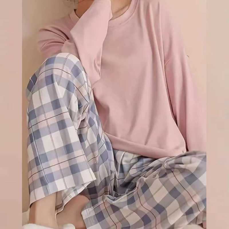 14 Teen Solid Color T-shirt Plaid Trousers Home Service Girl Round Neck Pajamas Junior High School Boy Leisure Suit Spring And H260403