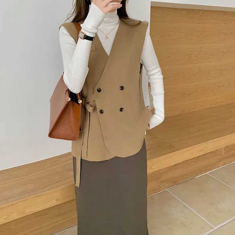 Women Korean Fashion Minimalist Lace Up Asymmetrical Chic Woolen Vest Jacket Office Lady Solid V Neck Sleeveless Loose WaistcoatT251128