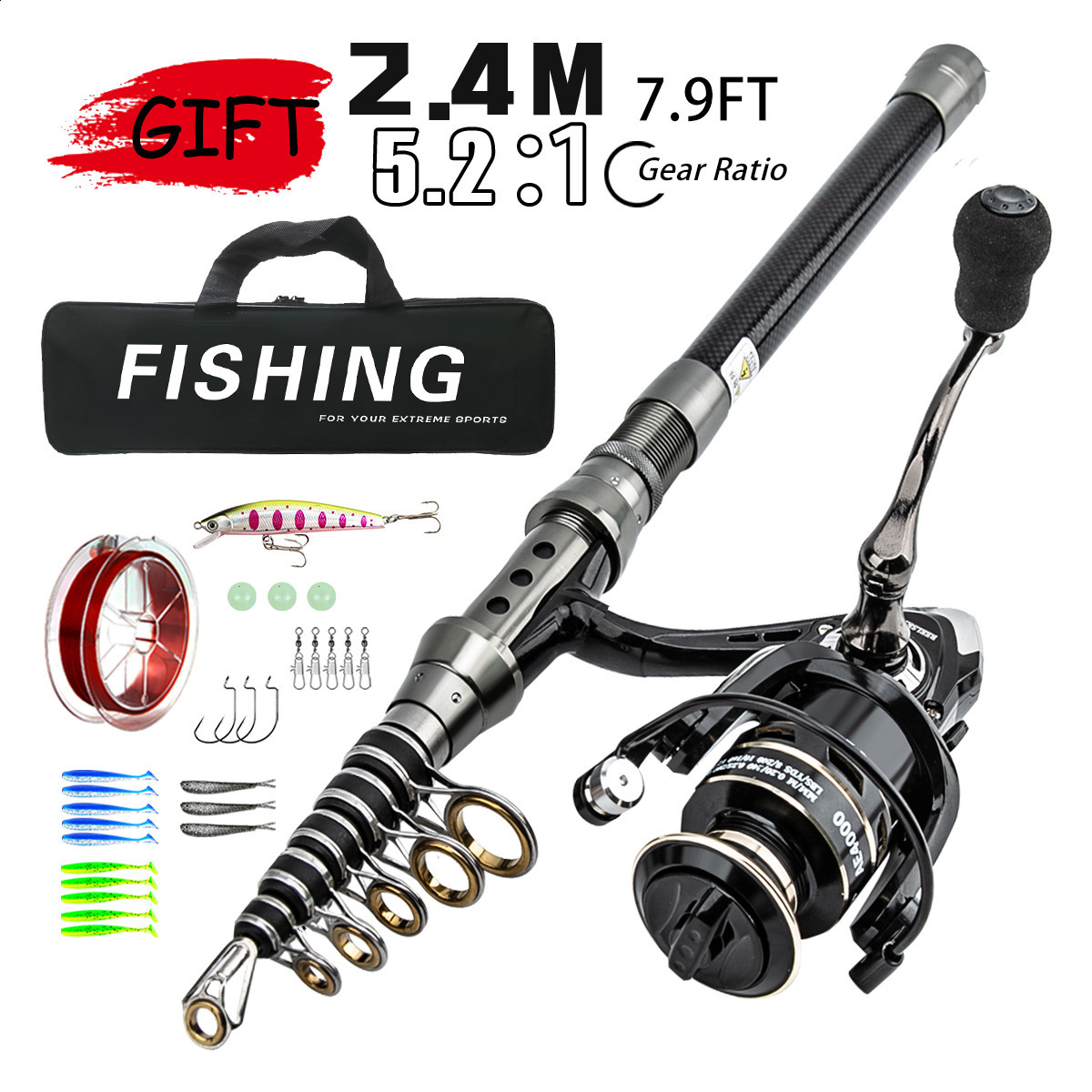 Fishing Accessories Spinning Rod Combo 15m24m Carbon Fiber and 20003000 Reel Telescopic Pole Kit Pesca 231213