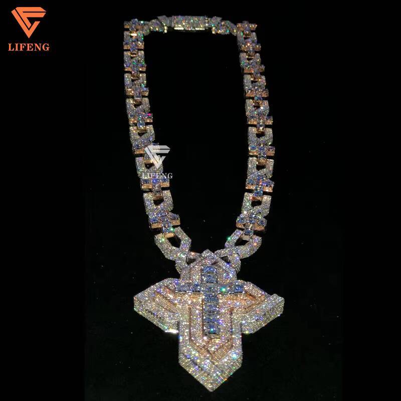 Lifeng Jewelry Bust Down VVS Moissanite Two Tone Cross Pendant Hiphop Sterling Silver Diamond Charm Necklace Jewelry Set