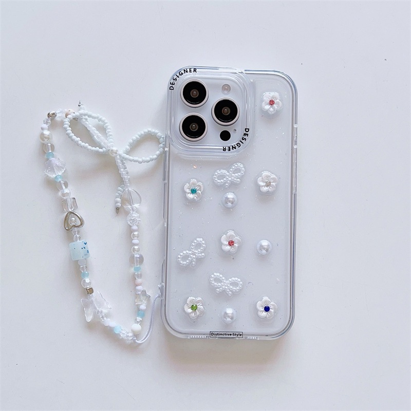 Epoxy Bowknot Pearl Small Flower Phone Case iPhone 17 Pro Max Compatible with Apple 16 /15 Pro Transparent Protective Case