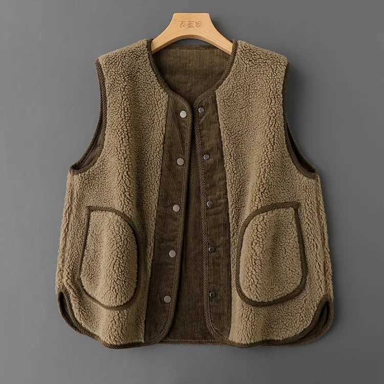 Corduroy Lamb Fur Retro Warmth Thick Vest for Women in Autumn and Winter New Sleeveless VestT251128