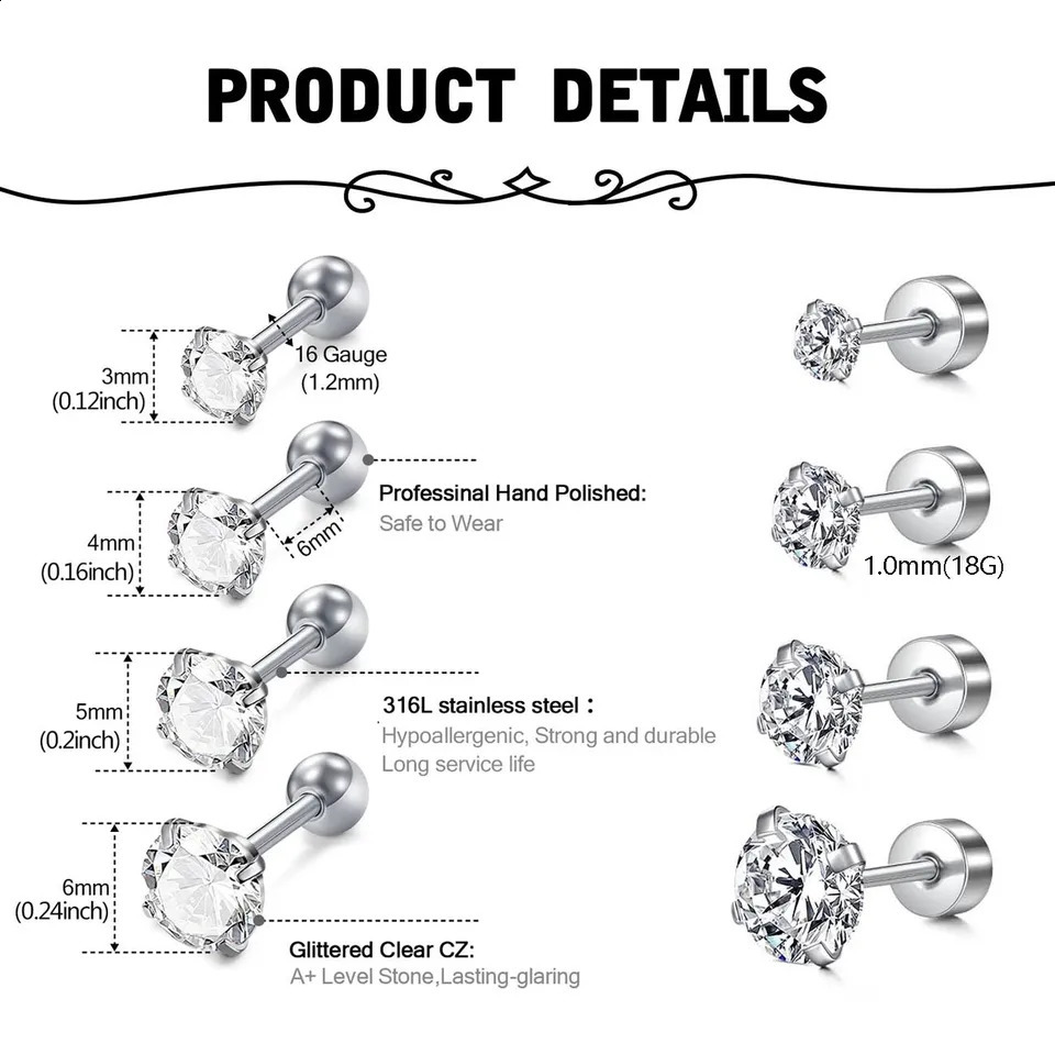 Set of 11pcs 16G 18G Stainless Steel Small Tiny CZ Ball Flat Back Stud Earring Multiple Piercing Cartilage Tragus Helix Earrings 250427