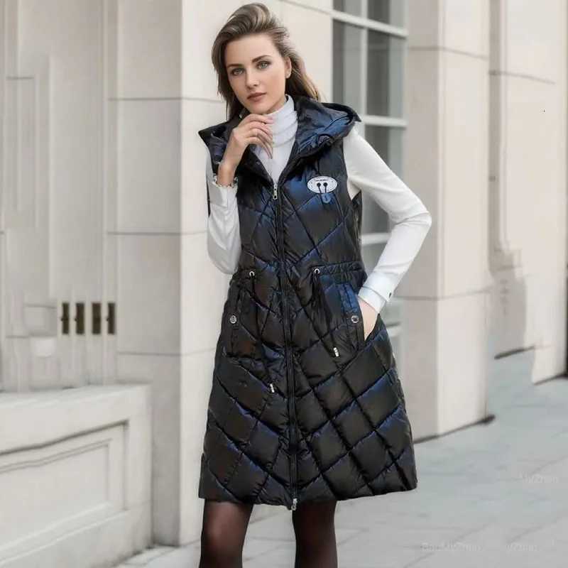New Winter Sleeveless Jacket Coat Women Down Cotton Vest Hooded Long Autumn Female Solid Fashion Waistcoat Slim Outwear ZipperT251128