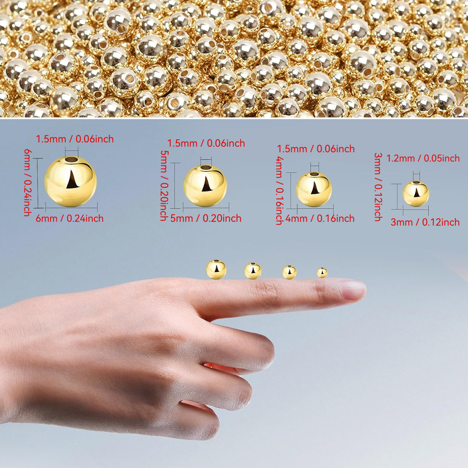 300Pcs Gold Plated Brass Metal beads 3/4/5/6MM Round Copper Spacer Loose Beads For Jewelry Bracelets Necklace Making DIY Accessories