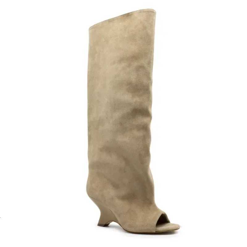 2025 Spring and Autumn Womens Fish Mouth Thick High Heels Knee Length Womens Boots Fashion Slope Heel Large Summer Cool Boots W251128