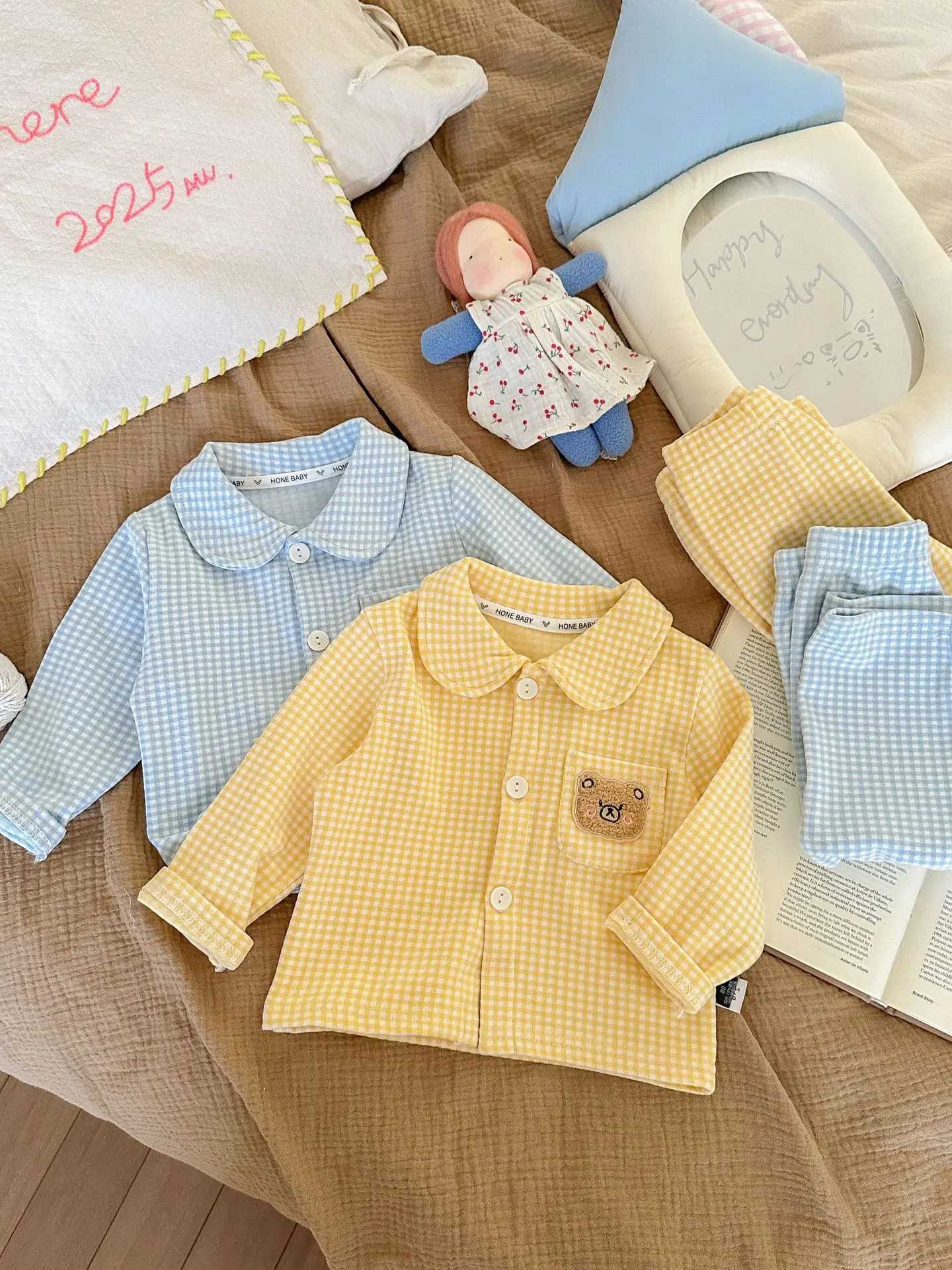 Kids Plaid Cartoon Pajamas Sets 1-9Y Toddler Boys Girls Cute Animal Patch Checkered Sleepwear Long Sleeve Homewear Loungewear H260403