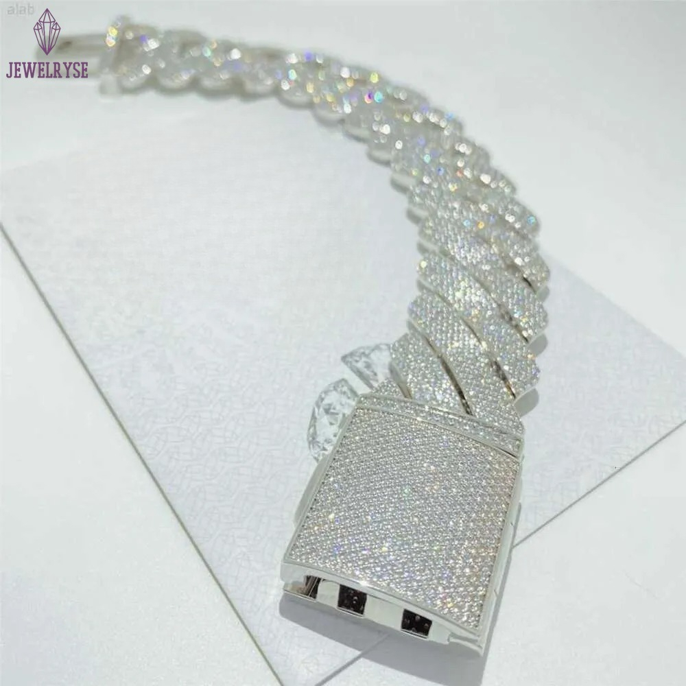 necklace moissanite chain Bracelet Hip Hop Jewelry 26mm 925 Solid Silver Iced Out Cuban Link Prong Cuban Bracelet Vvs Diamond