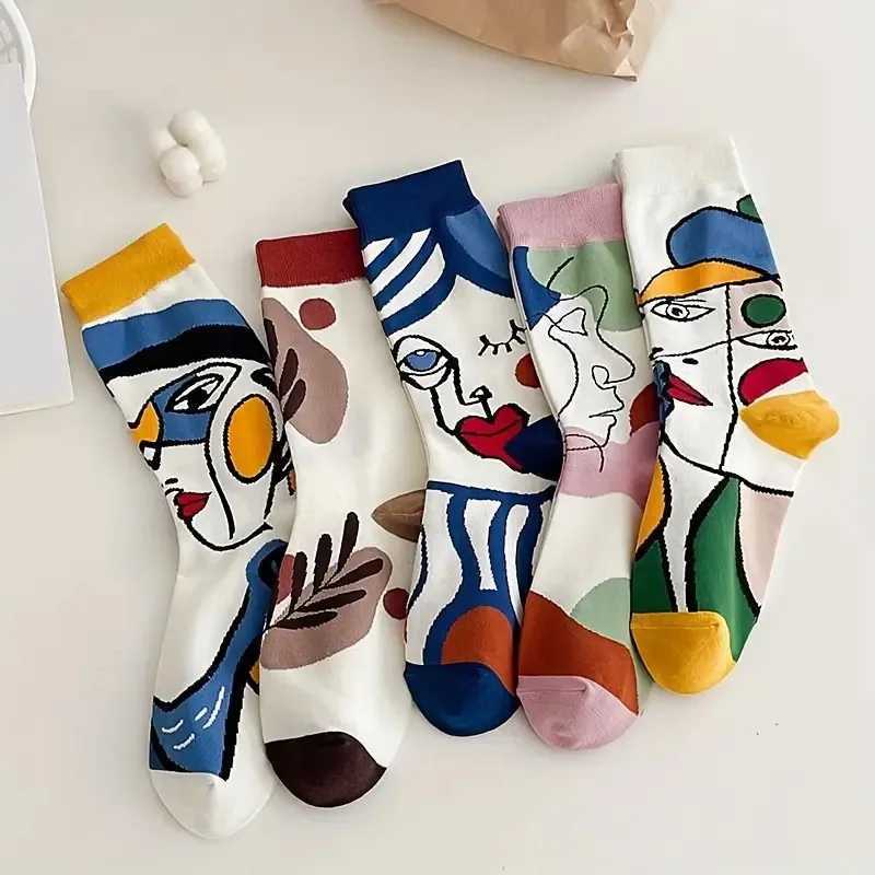 5 Pairs Elegant Graffiti Women Mid Tube Socks Fashionable Oil Painting Art Printing Soft Comfortable All Season Casual Socks J251128