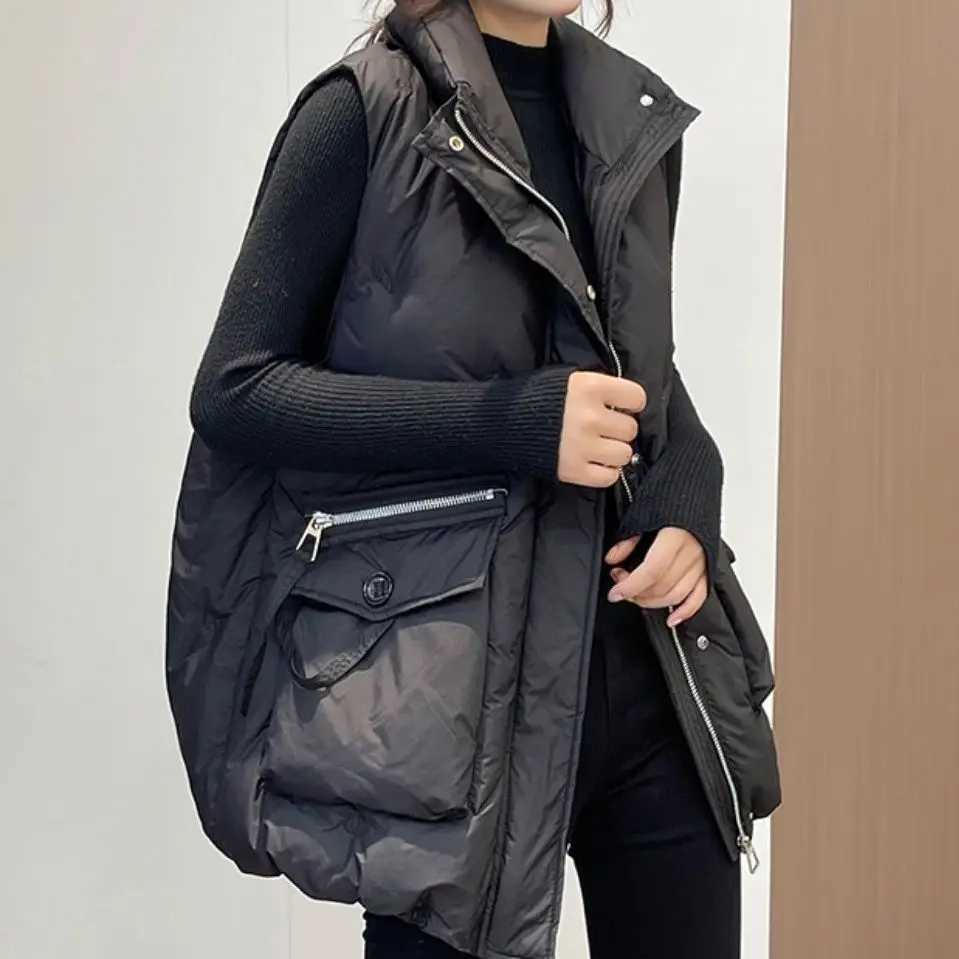 2025 Autumn Winter Women Solid Loose Vest Drawstring Stand Collar Short Jacket Cotton Padded Warm Waistcoat J21T251128
