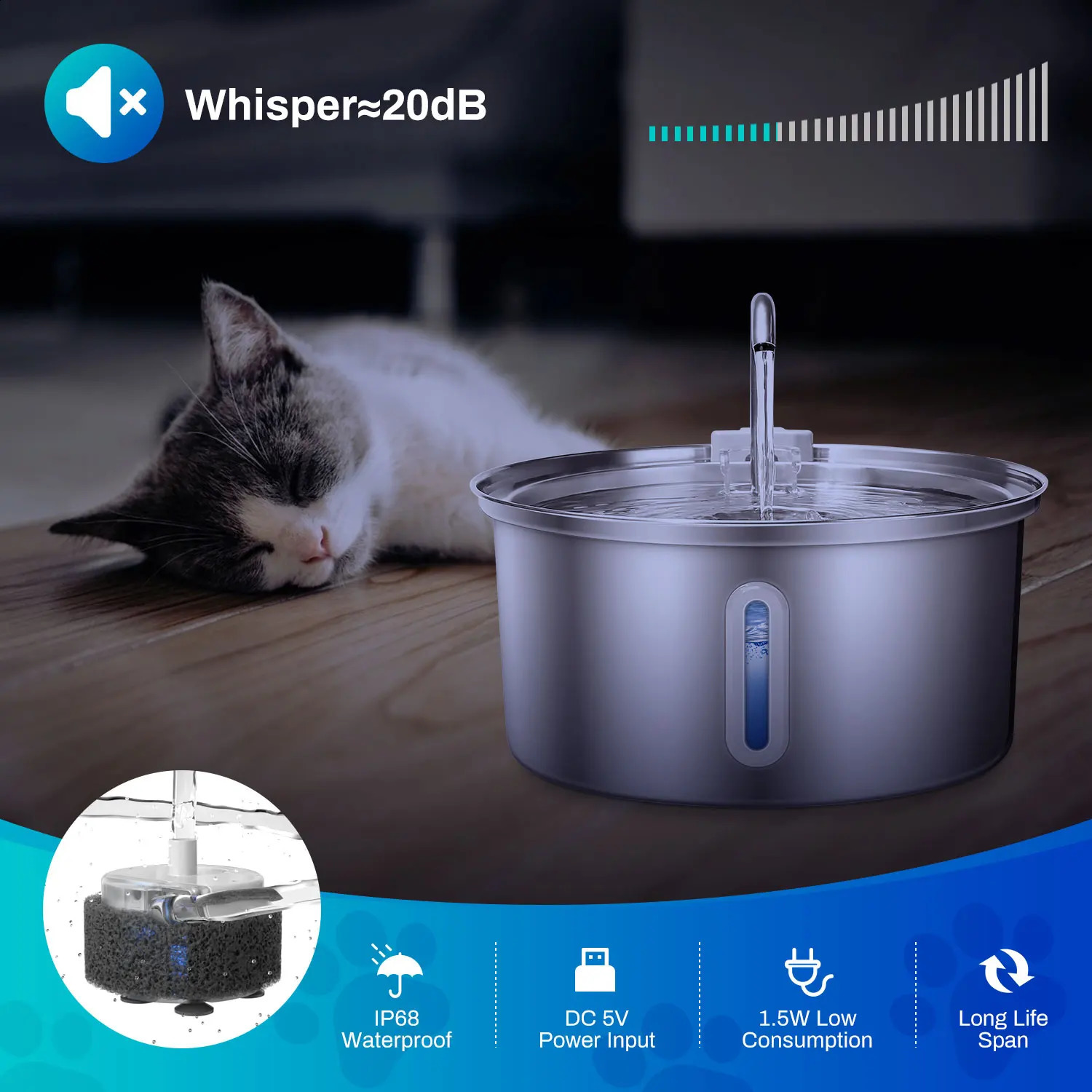 Cat Fountain Stainless Steel 108oz/3.2L Pet Fountain with Ultra Quiet Pump Filtration System Water Level Window 250427