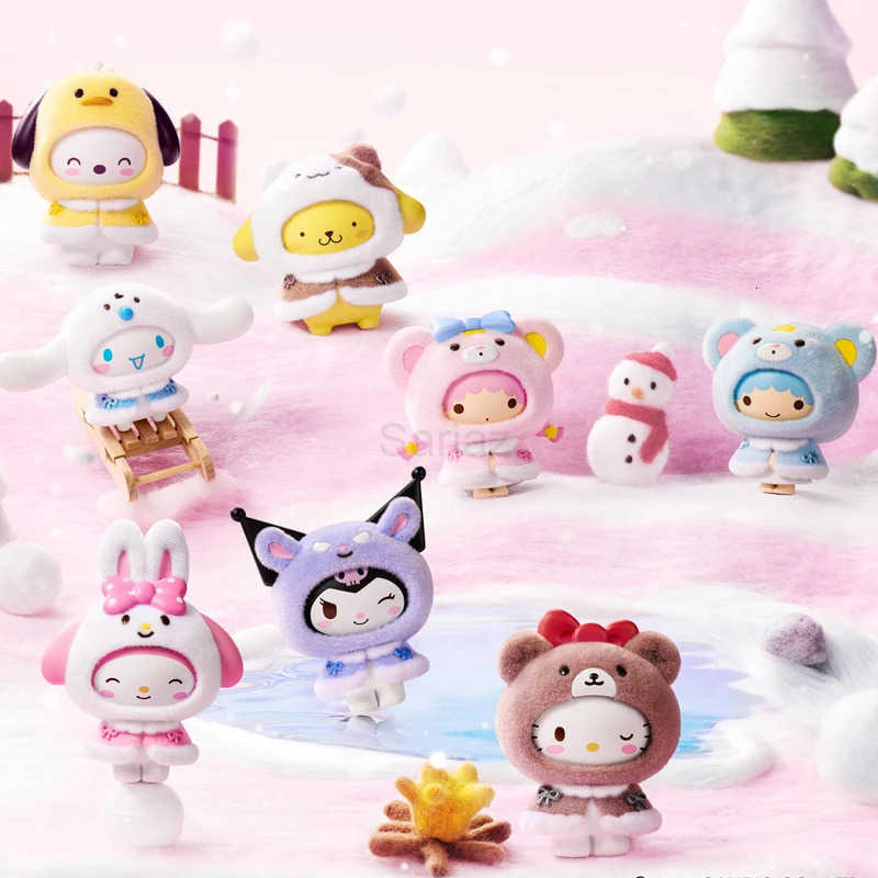 Sanrio Genuine Small Cloak Series Flocking Blind Box Trendy Toy Kuromi Kt Flocked Keychain Face Changing Mystery Box Girl Gift H2512171