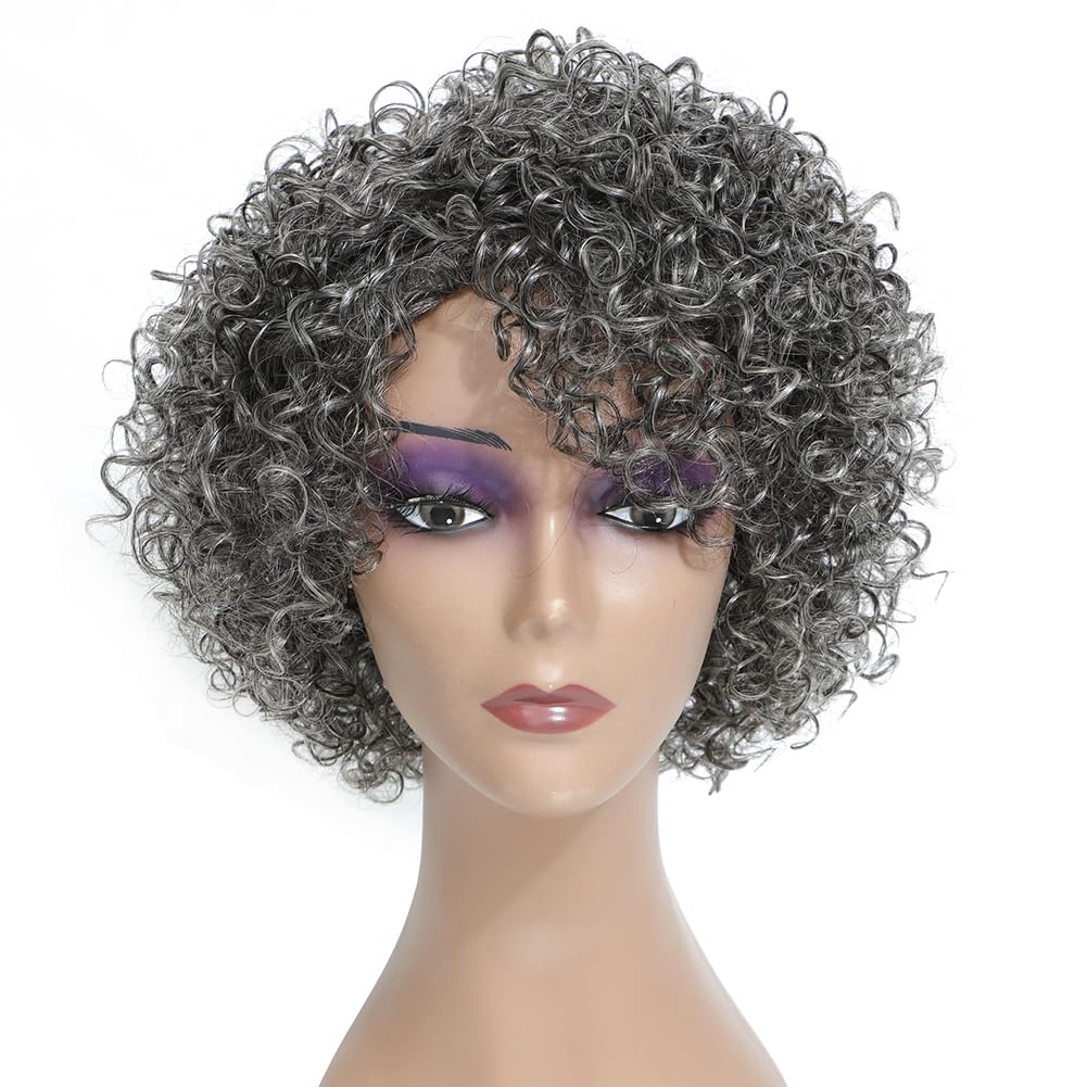 Elegant Silver gray salt and pepper human hair wigs without lace grey wigs kinky curly natura machine made short bob glueless