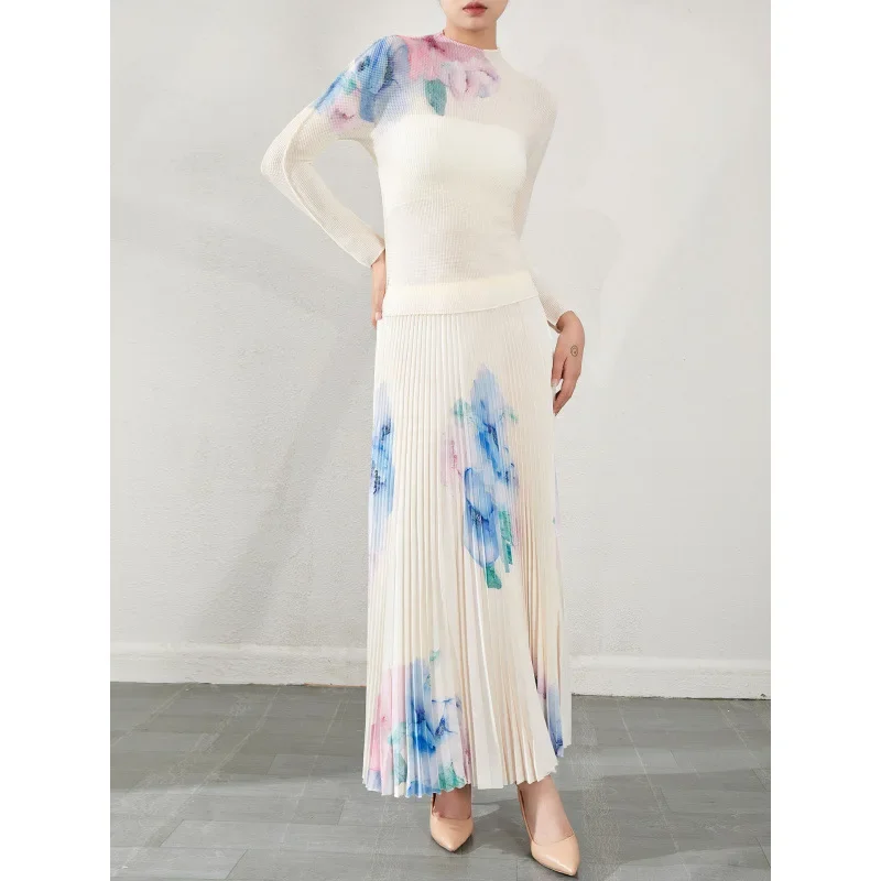 Fashionable Two-Piece Suit Dress Women's Early Autumn New Style Slimming Ruffles Printed Top Half-Length Dress