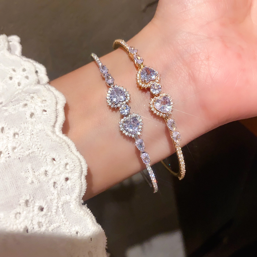 Super Shiny Zircon Heart Geometric Round Open Bracelet French Exquisite Versatile Bangle Light Luxury High-end Feel Women's Jewelry - view 5