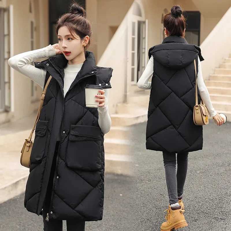 Winter Women Long Hooded Warm Vest Women Solid Detachable Hat Waistcoat Sleeveless Jacket Parka Coats Female Down Cotton VestsT251128