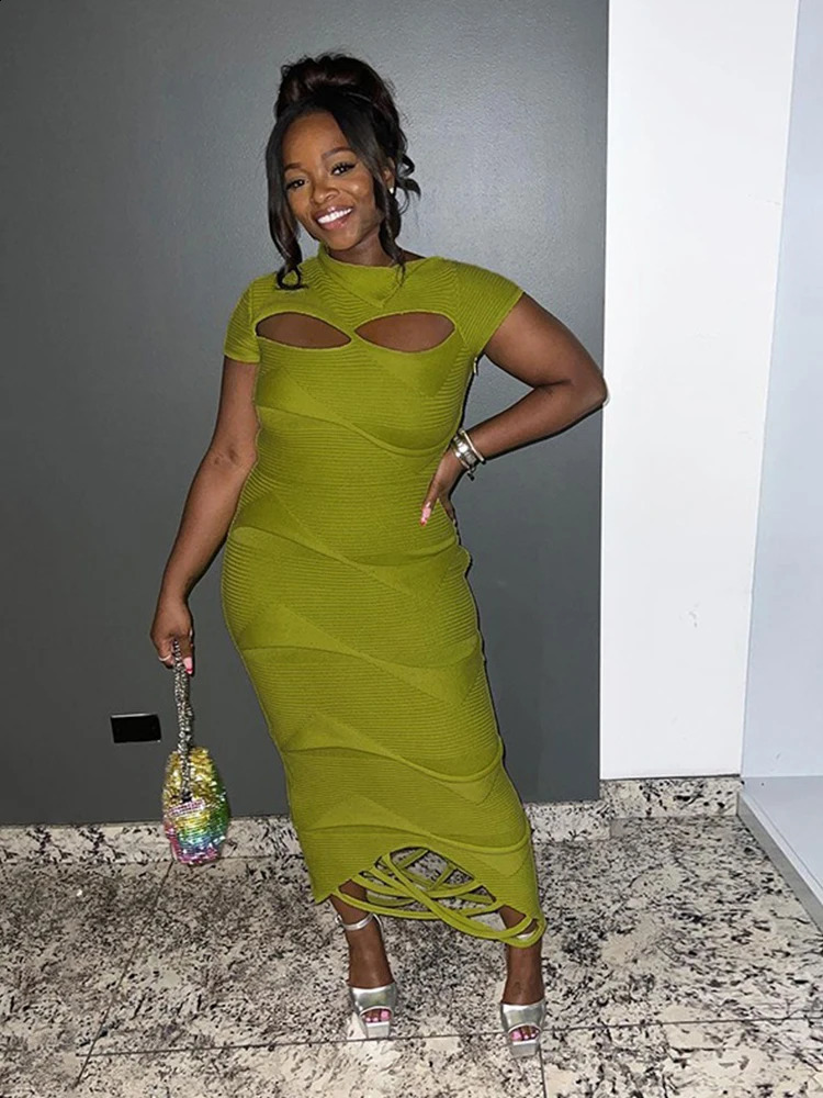 Womens green tight corset short sleeved summer sexy elegant party dress womens hollow thin knitted dress 250423