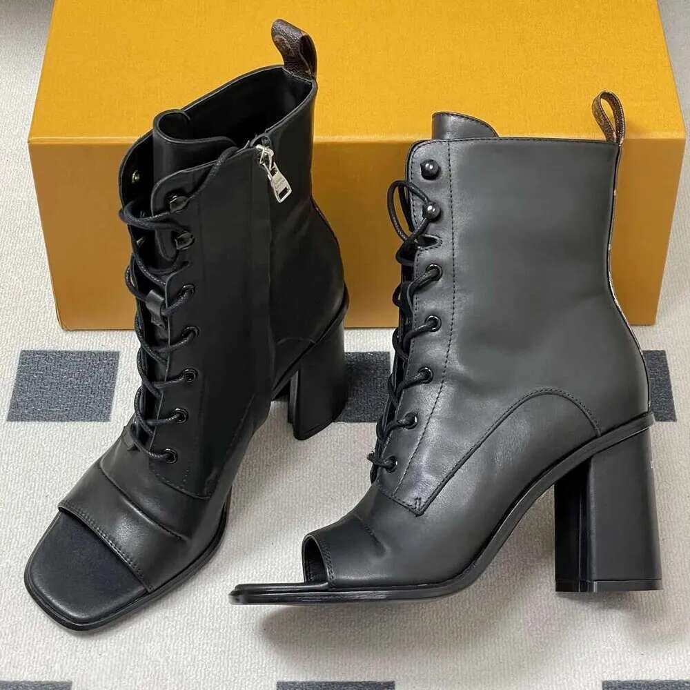 designer shoe woman luxury Ankle Boots peep toe leather Strap zip high Chunky heel laddy boots fashion patty Hight Heels Boot womens booties dress shoe