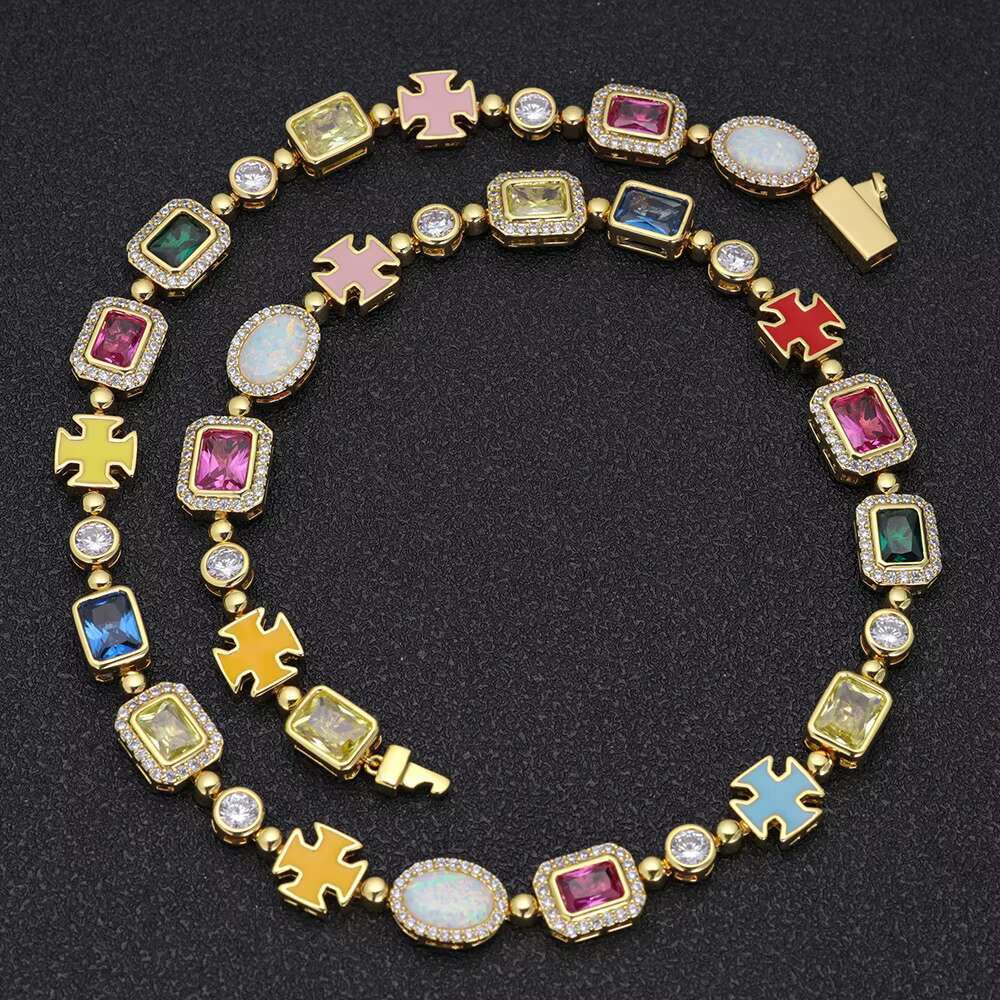Nuoya 10mm Custom Multi Color Enamel Bling Moissanite Stone Chain Silver Geometric Gemstone Motif Iced Out Chain Necklace