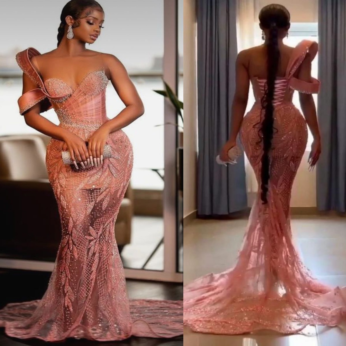 Blush Pink Mermaid Plus Size Prom Dresses 2025 Beaded Sequined Lace Vintage Evening Formal Party Second Birthday Engagement Gowns Dress For Special Oc