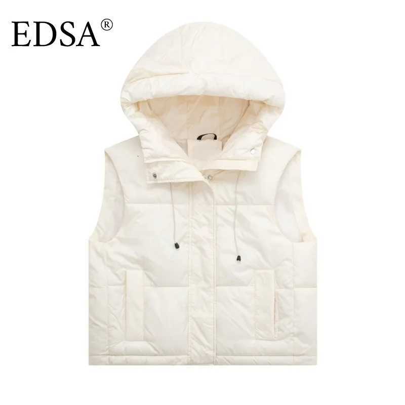 EDSA Women Hooded Waistcoat Padded Vest Jacket with Drawstrings Side Zip Warm Autumn Winter OuterwearT251128