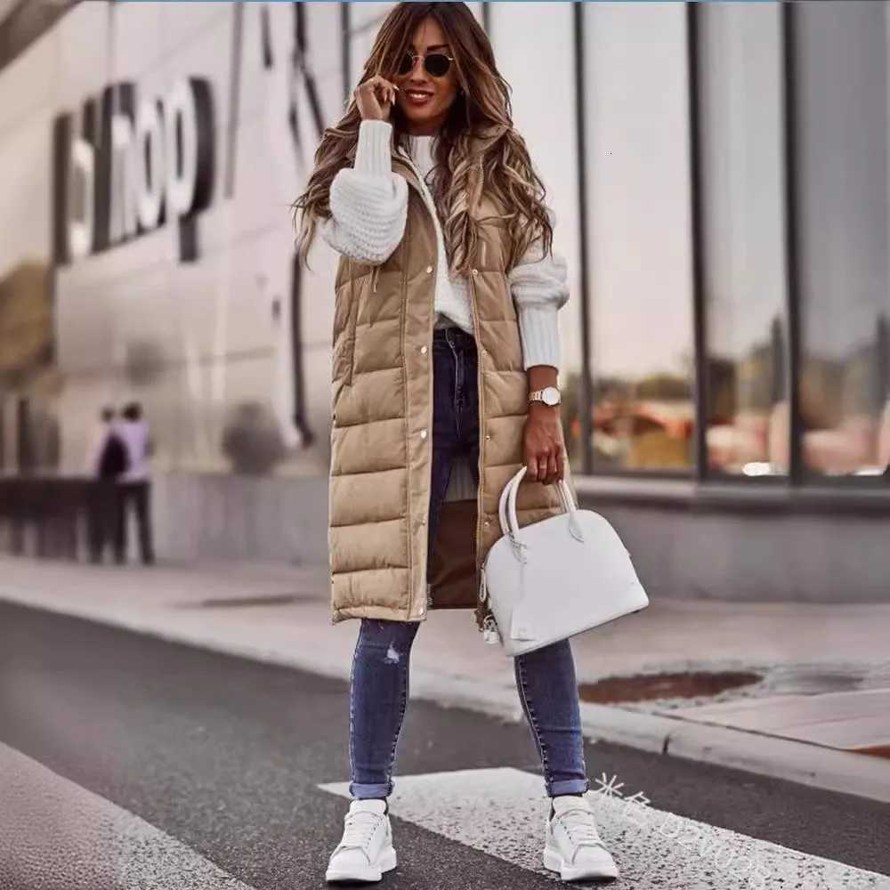Casual Vest Hooded Single Breasted Mid-length Cotton Padded Jacket Winter Fashion Button Zipper Fitted Cardigan Female Vest CoatT251128