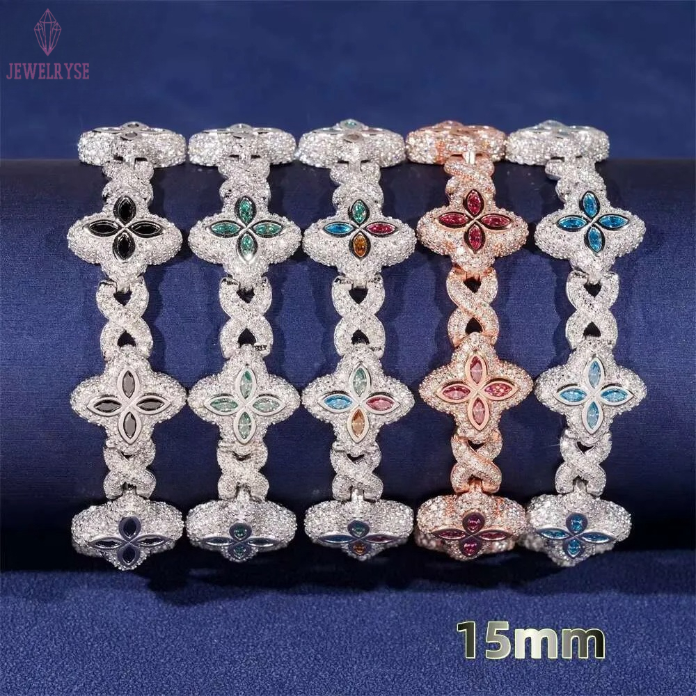 HOT SELLING 15mm Colorful Moissanite Flower Cuban Pendant Necklace Available Stock Hip Hop Fancy Diamond Look Cuban Link Chain with 925 Moissanite Gre