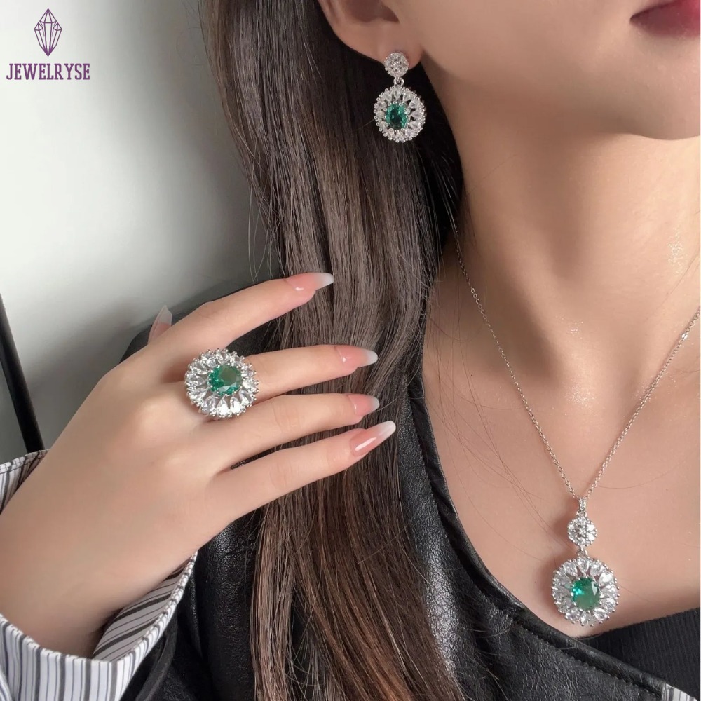 Top Sell Wedding Jewelry Sets Luxury Jewelry 925 Sterling Silver Oval Cut Emerald Diamond Cubic Zircon Open Ring Stud Earring Women Clavicel Necklace 
