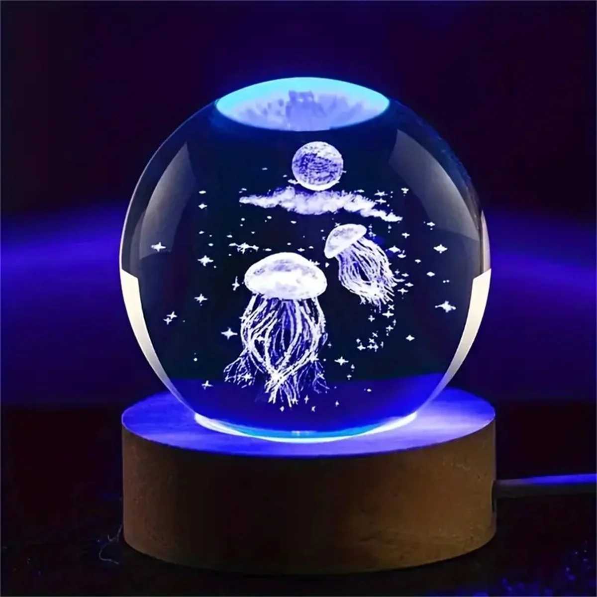 1PC 6CM 3D Jellyfish Rainbow Gradient Laser Engraving Crystal Ball LED Night Light M251128