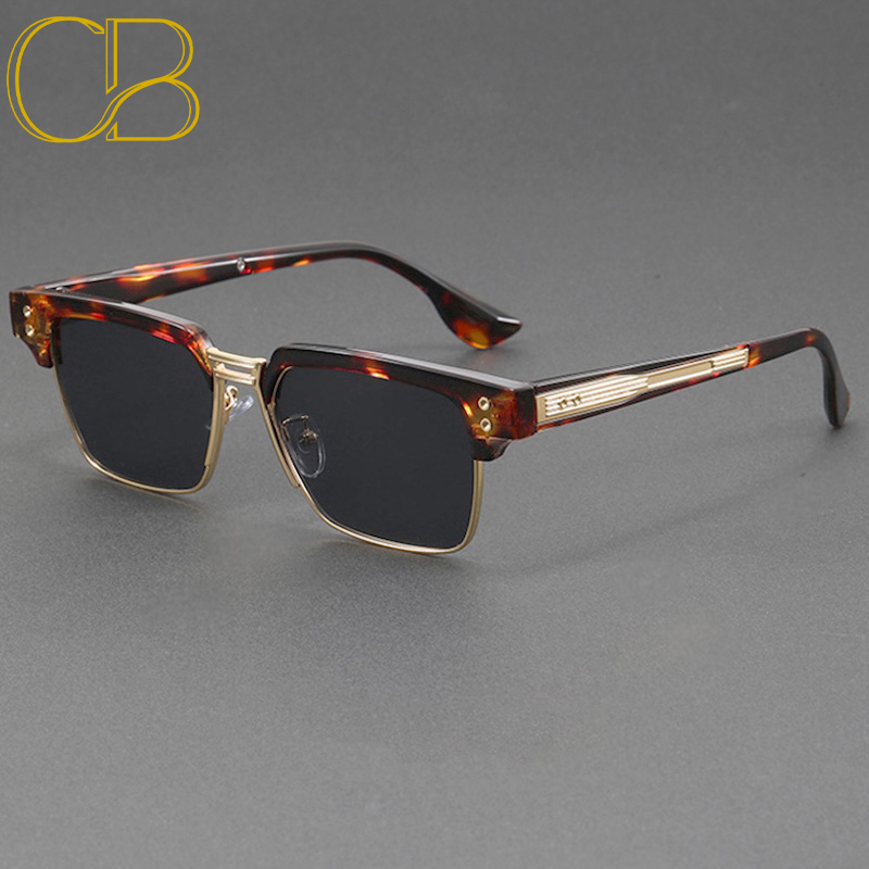 Half Rim Square Sunglasses Men Luxury Brand Vintage Punk Metal Outdoor UV400 Sun Glasses Classic Driving Shades Steampunk Anti Blue Light, CB Fashion 