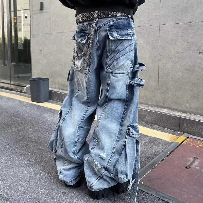 2025 Cyber Y2K Streetwear Washed Blue Baggy Ripped Cargo Jeans Pants For Men Clothing Wide Leg Vintage Loose Punk Denim Trousers L251127