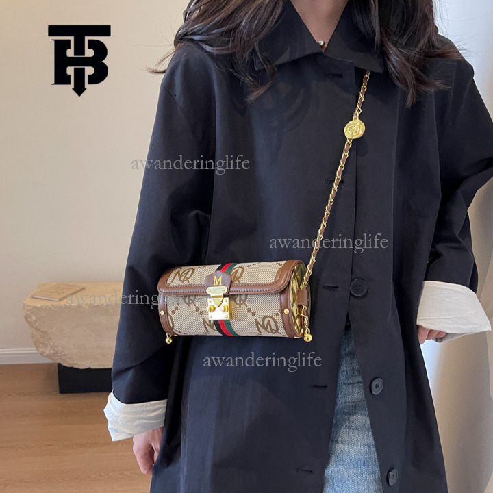 TB BHULAMTE Designer Luxury Striped Women's Law Stick Bag Fashion Chain Retro Printed Single Shoulder Crossbody Bag Trendy Mini Cylinder Phone Ba