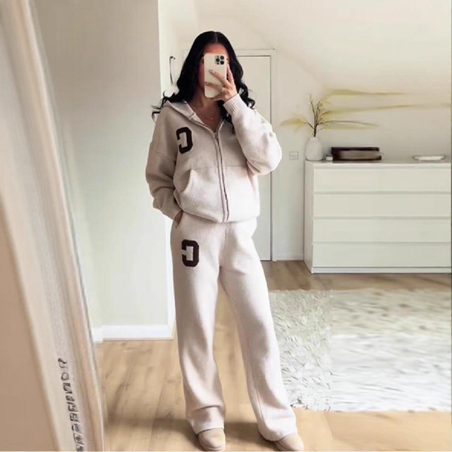 Designer Juicy tracksuit women High-quality brocade casual versatile hooded zipper knitted sweater coat slim-fit trousers set women letter embroidery Sweater set