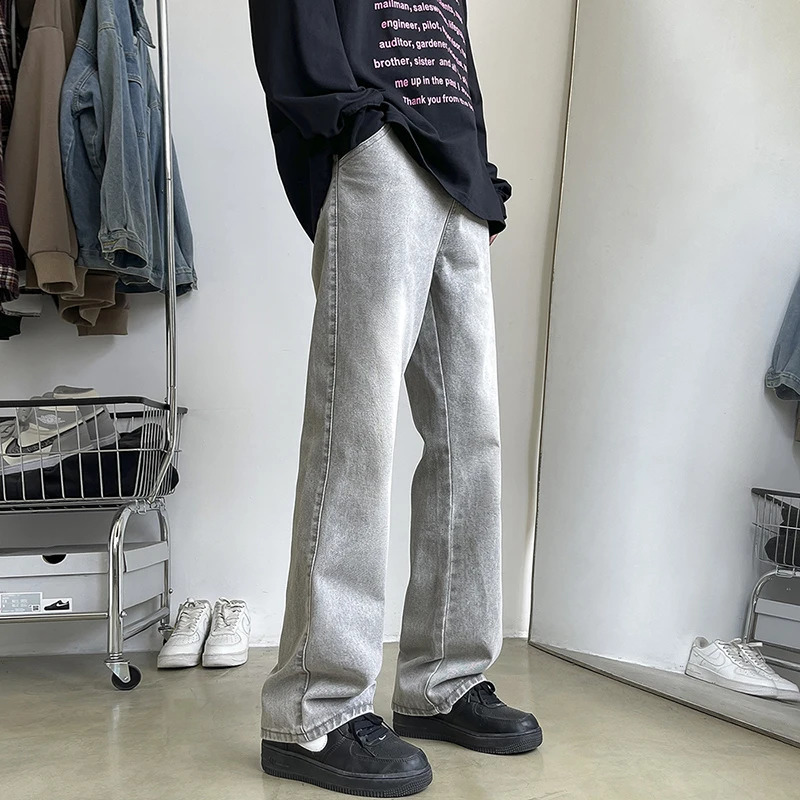 Mens retro light gray boot jeans fashion Korean street denim elastic waist comfortable pants mens clothing 250423
